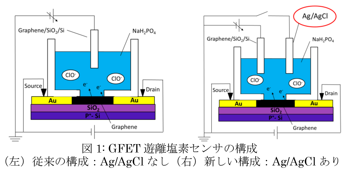 図1:GFET遊離塩素センサの構成 (左)従来の構成:Ag/Ag